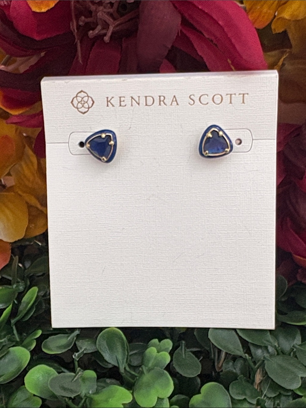 Kendra Scott Deep Navy Triangle Stud Earrings with Gold Trim